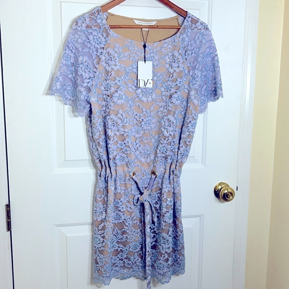 Diane Von Furstenberg Amal Lilac Lace Crystal Detail Drop Waist Dress MSRP $548
